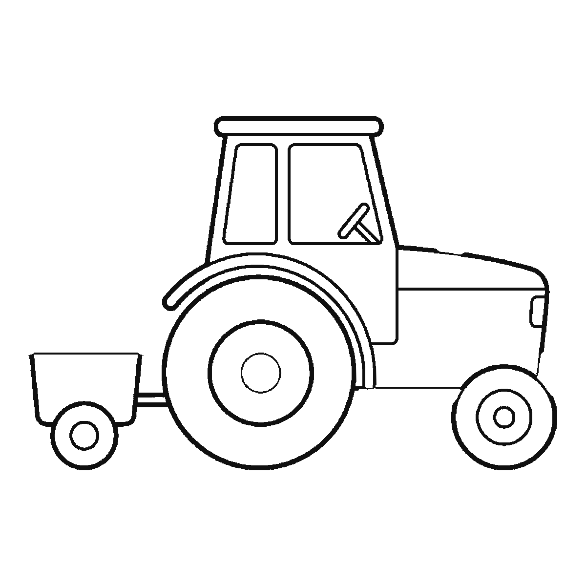 Step 5 of 6: Step-by-step drawing sheet: a tractor towing a small tipping trailer, seen from the side, built up over six frames from the large rear wheel to the cab and bonnet, the trailer, the front wheel, and the exhaust pipe last, black outlines on white