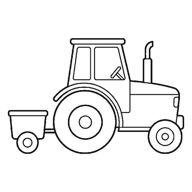 Step-by-step drawing sheet: a tractor towing a small tipping trailer, seen from the side, built up over six frames from the large rear wheel to the cab and bonnet, the trailer, the front wheel, and the exhaust pipe last, black outlines on white