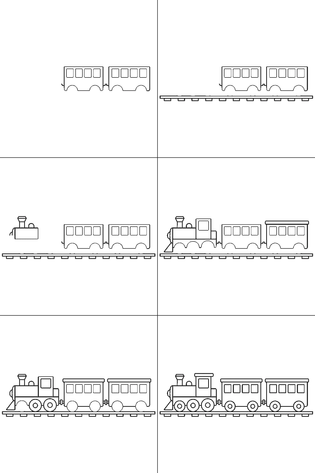 Step-by-step drawing sheet: a steam locomotive pulling two carriages along a length of track, seen from the side, built up over six frames from the two carriages to the track, the funnel and dome, the cab and boiler, and the wheels and roofs last, black outlines on white