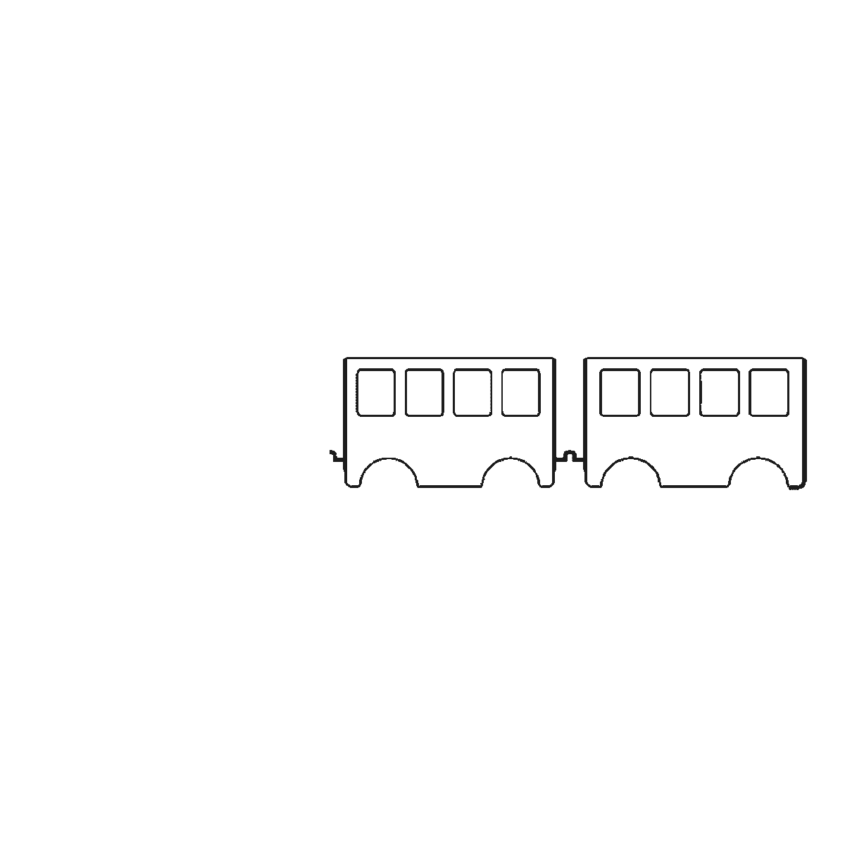 Step 1 of 6: Step-by-step drawing sheet: a steam locomotive pulling two carriages along a length of track, seen from the side, built up over six frames from the two carriages to the track, the funnel and dome, the cab and boiler, and the wheels and roofs last, black outlines on white
