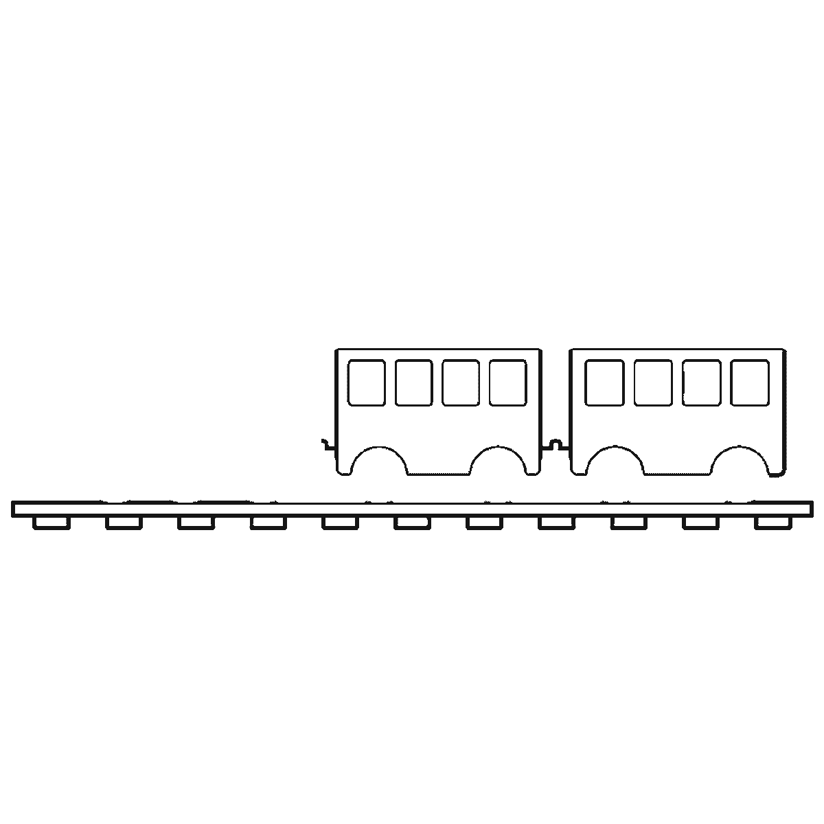 Step 2 of 6: Step-by-step drawing sheet: a steam locomotive pulling two carriages along a length of track, seen from the side, built up over six frames from the two carriages to the track, the funnel and dome, the cab and boiler, and the wheels and roofs last, black outlines on white