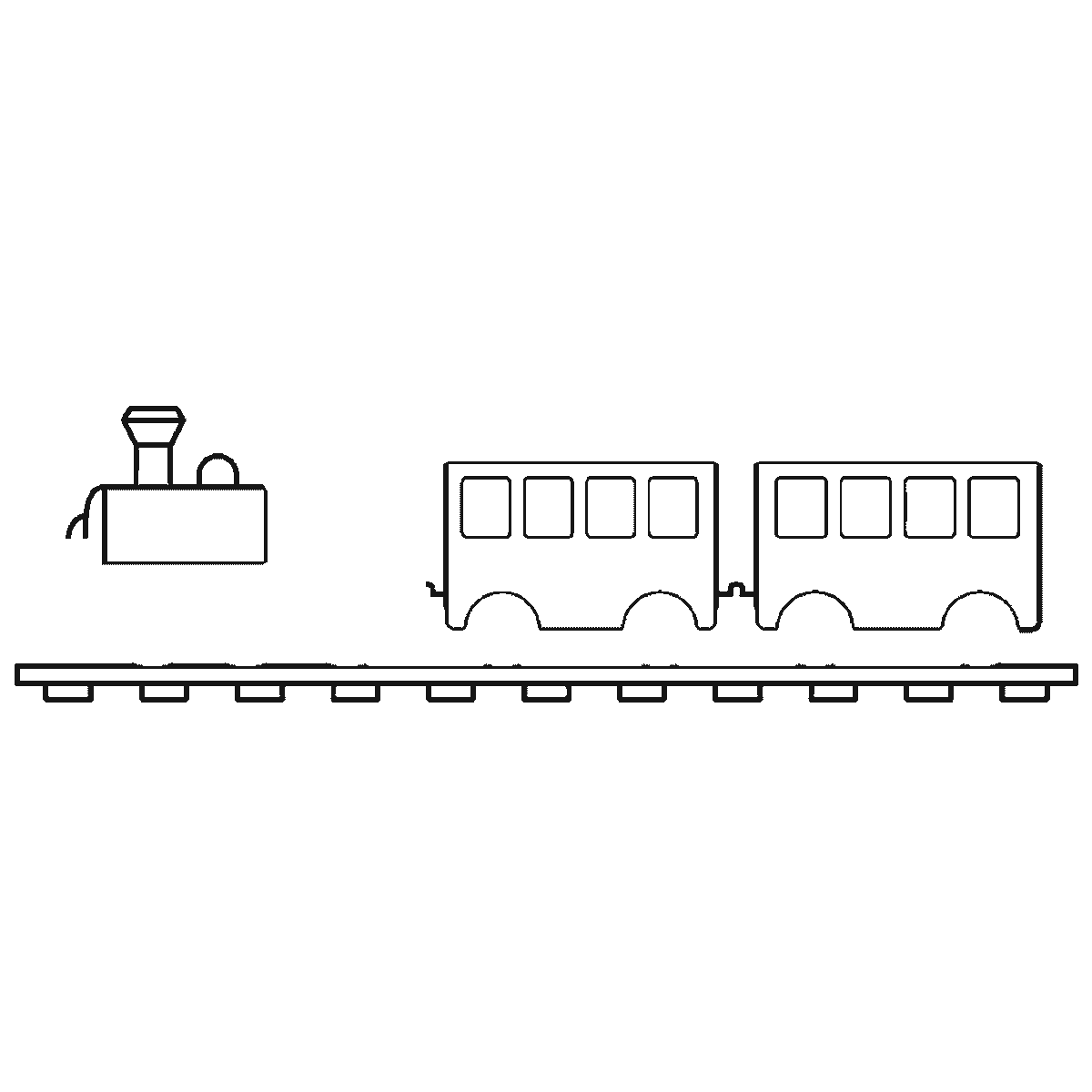 Step 3 of 6: Step-by-step drawing sheet: a steam locomotive pulling two carriages along a length of track, seen from the side, built up over six frames from the two carriages to the track, the funnel and dome, the cab and boiler, and the wheels and roofs last, black outlines on white