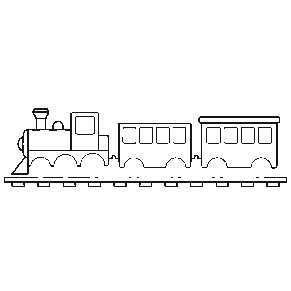 Step 4 of 6: Step-by-step drawing sheet: a steam locomotive pulling two carriages along a length of track, seen from the side, built up over six frames from the two carriages to the track, the funnel and dome, the cab and boiler, and the wheels and roofs last, black outlines on white