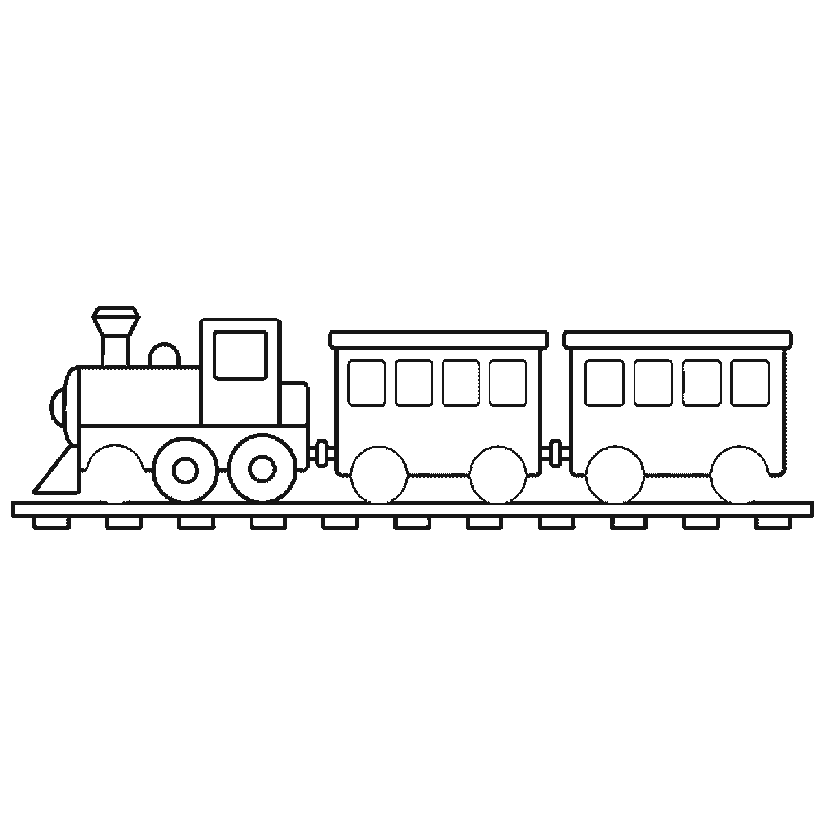 Step 5 of 6: Step-by-step drawing sheet: a steam locomotive pulling two carriages along a length of track, seen from the side, built up over six frames from the two carriages to the track, the funnel and dome, the cab and boiler, and the wheels and roofs last, black outlines on white