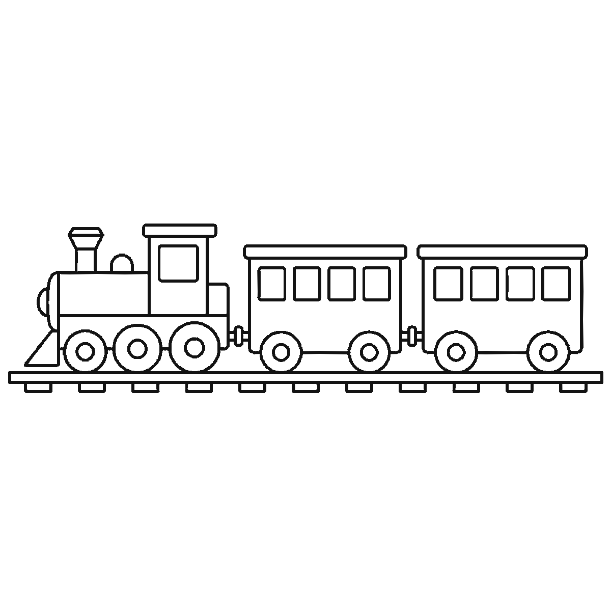 Step 6 of 6: Step-by-step drawing sheet: a steam locomotive pulling two carriages along a length of track, seen from the side, built up over six frames from the two carriages to the track, the funnel and dome, the cab and boiler, and the wheels and roofs last, black outlines on white