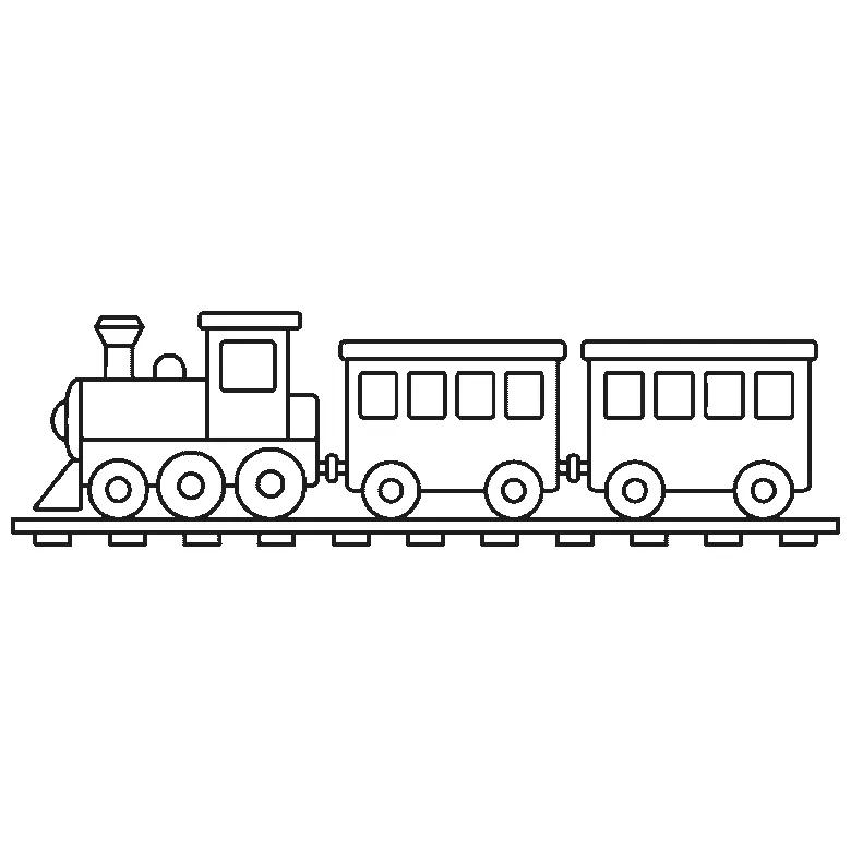 Step-by-step drawing sheet: a steam locomotive pulling two carriages along a length of track, seen from the side, built up over six frames from the two carriages to the track, the funnel and dome, the cab and boiler, and the wheels and roofs last, black outlines on white