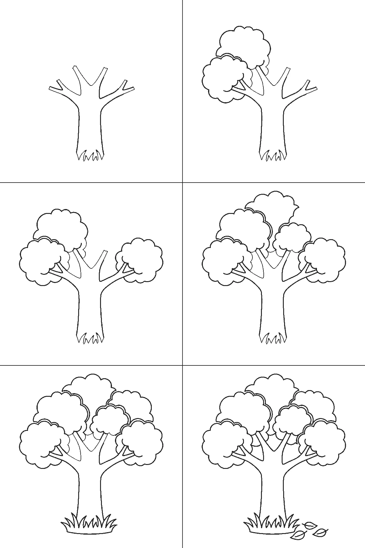Step-by-step drawing sheet: a broad-leaved tree, built up over six frames from the trunk to the branches and the clumps of foliage, black outlines on white