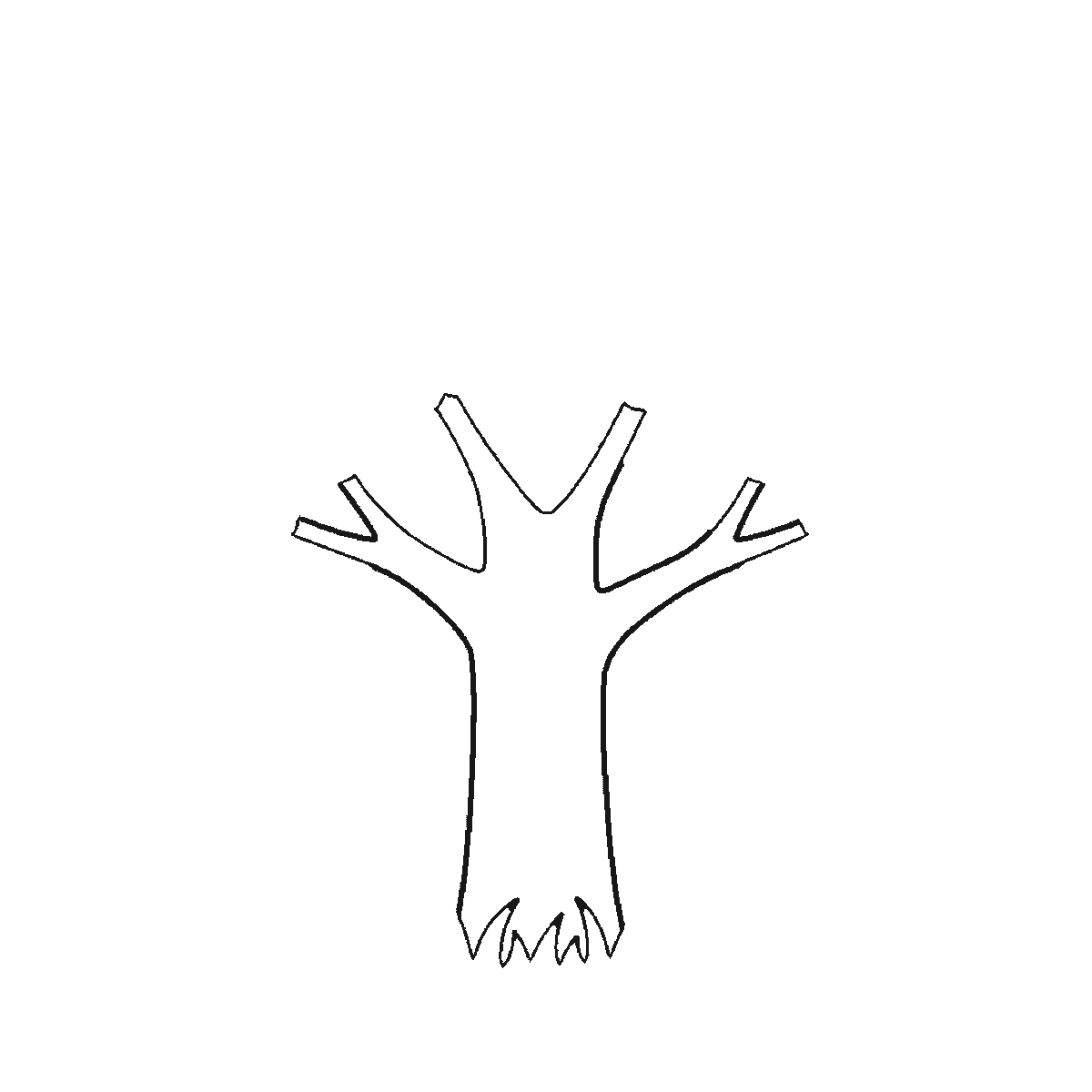 Step 1 of 6: Step-by-step drawing sheet: a broad-leaved tree, built up over six frames from the trunk to the branches and the clumps of foliage, black outlines on white