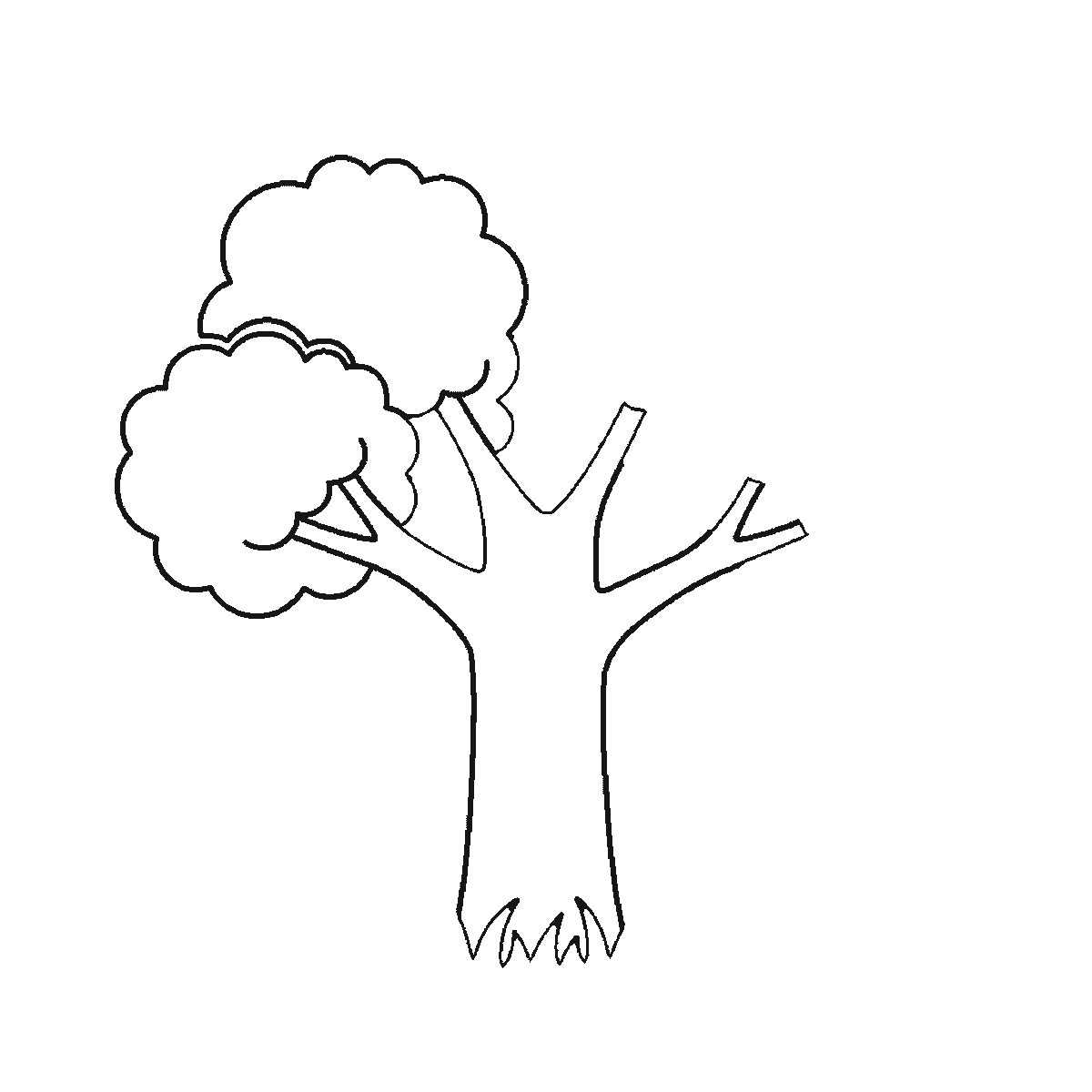 Step 2 of 6: Step-by-step drawing sheet: a broad-leaved tree, built up over six frames from the trunk to the branches and the clumps of foliage, black outlines on white