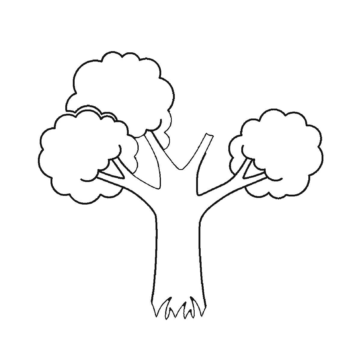 Step 3 of 6: Step-by-step drawing sheet: a broad-leaved tree, built up over six frames from the trunk to the branches and the clumps of foliage, black outlines on white