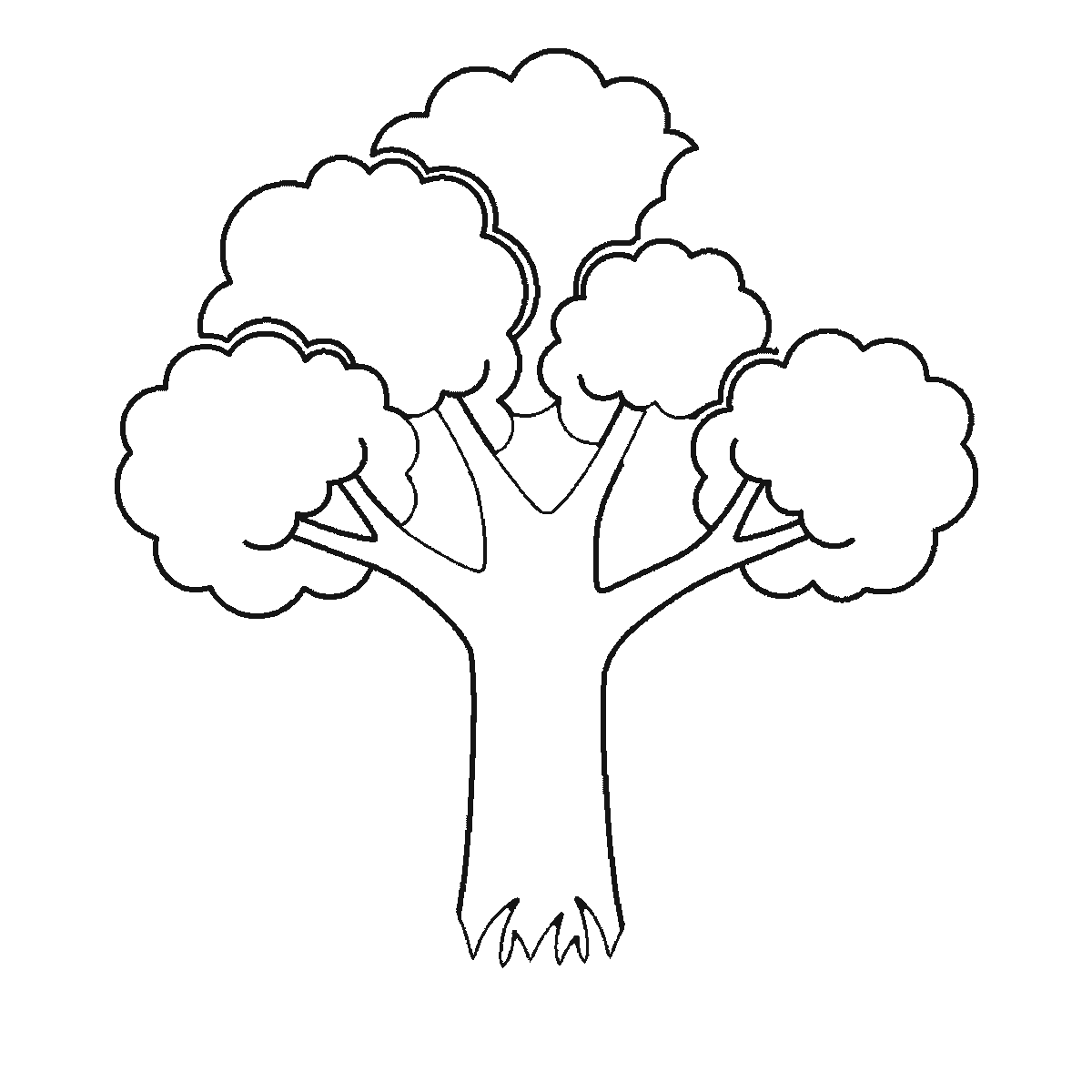 Step 4 of 6: Step-by-step drawing sheet: a broad-leaved tree, built up over six frames from the trunk to the branches and the clumps of foliage, black outlines on white