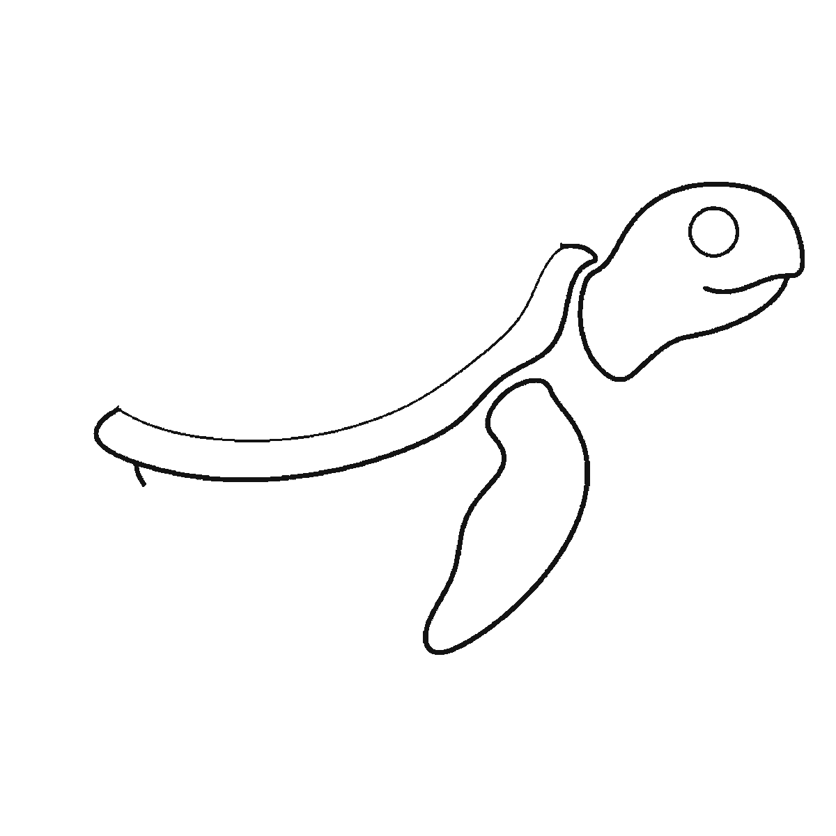 Step 2 of 6: Step-by-step drawing sheet: a sea turtle swimming in profile, built up over six frames from the head and one flipper to the shell, rear flippers and shell plates, black outlines on white
