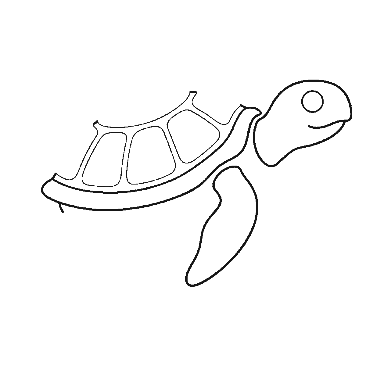 Step 3 of 6: Step-by-step drawing sheet: a sea turtle swimming in profile, built up over six frames from the head and one flipper to the shell, rear flippers and shell plates, black outlines on white