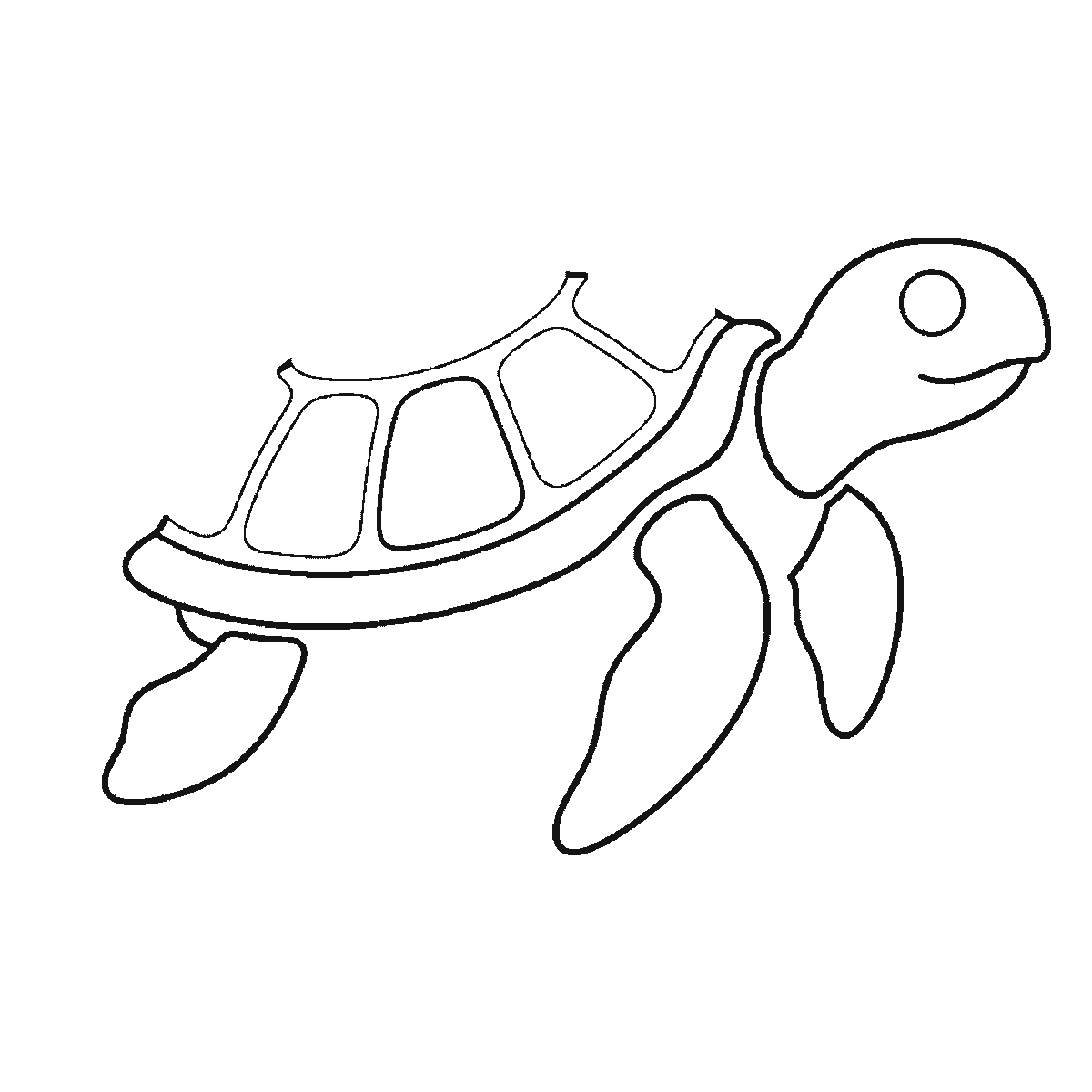 Step 4 of 6: Step-by-step drawing sheet: a sea turtle swimming in profile, built up over six frames from the head and one flipper to the shell, rear flippers and shell plates, black outlines on white