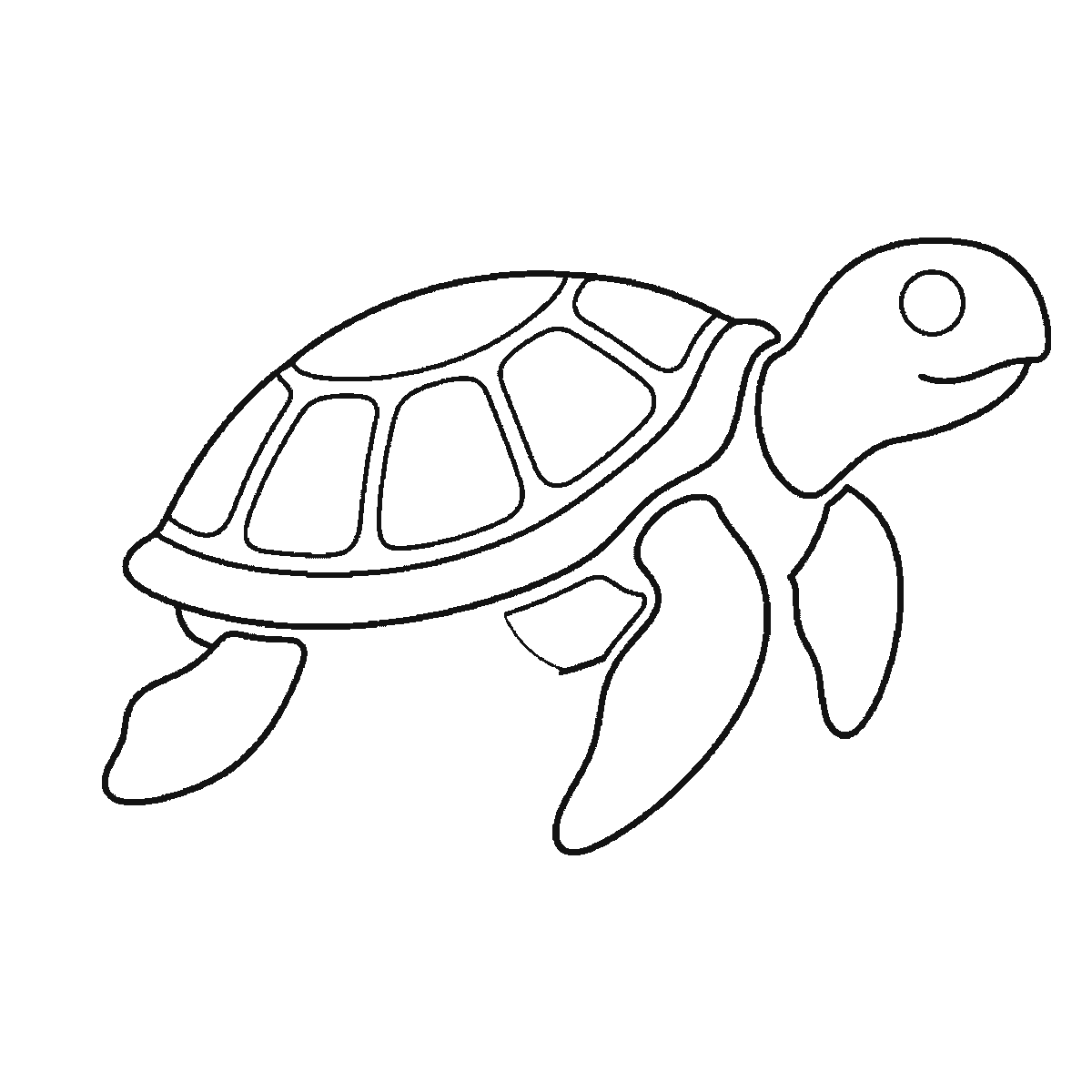 Step 5 of 6: Step-by-step drawing sheet: a sea turtle swimming in profile, built up over six frames from the head and one flipper to the shell, rear flippers and shell plates, black outlines on white