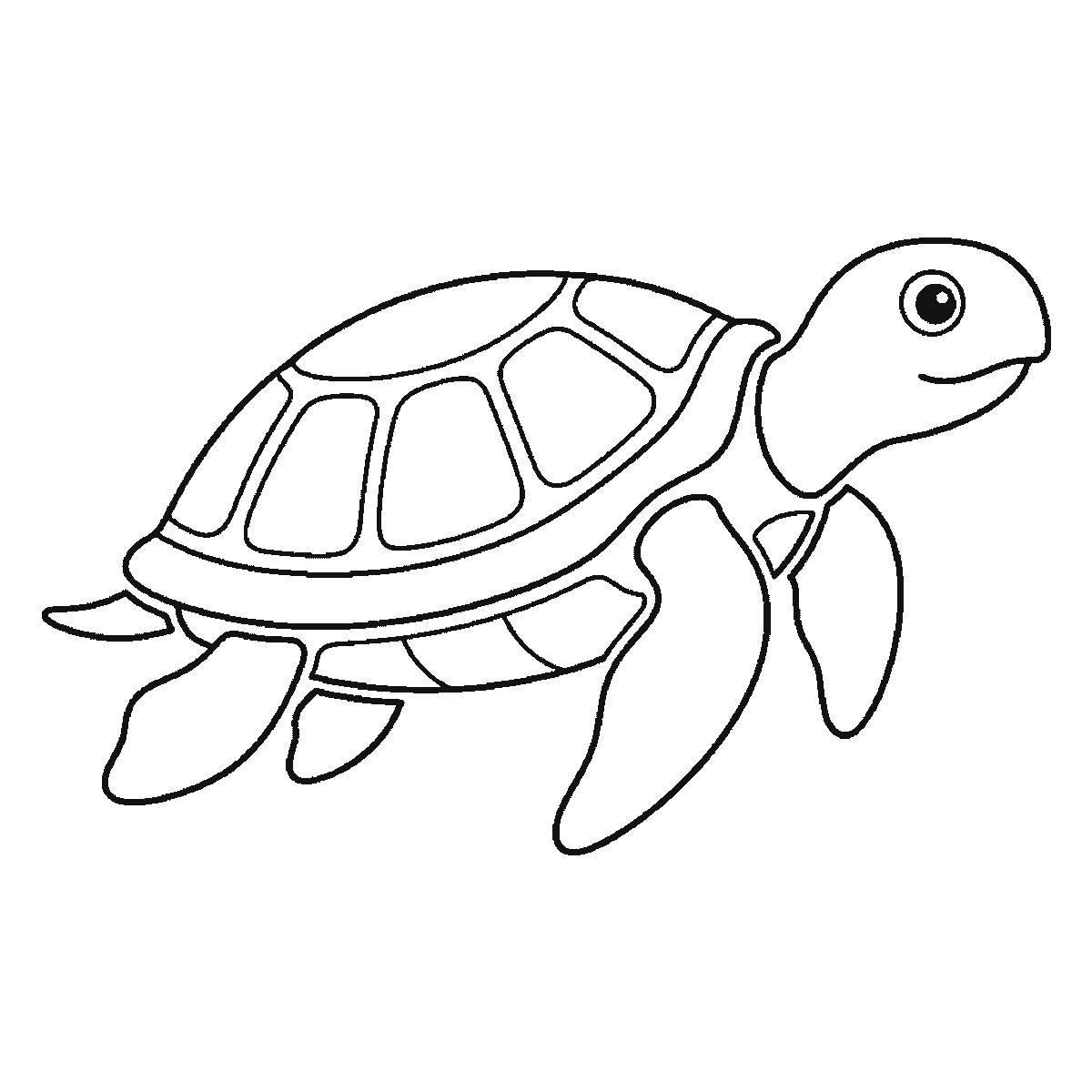 Step 6 of 6: Step-by-step drawing sheet: a sea turtle swimming in profile, built up over six frames from the head and one flipper to the shell, rear flippers and shell plates, black outlines on white
