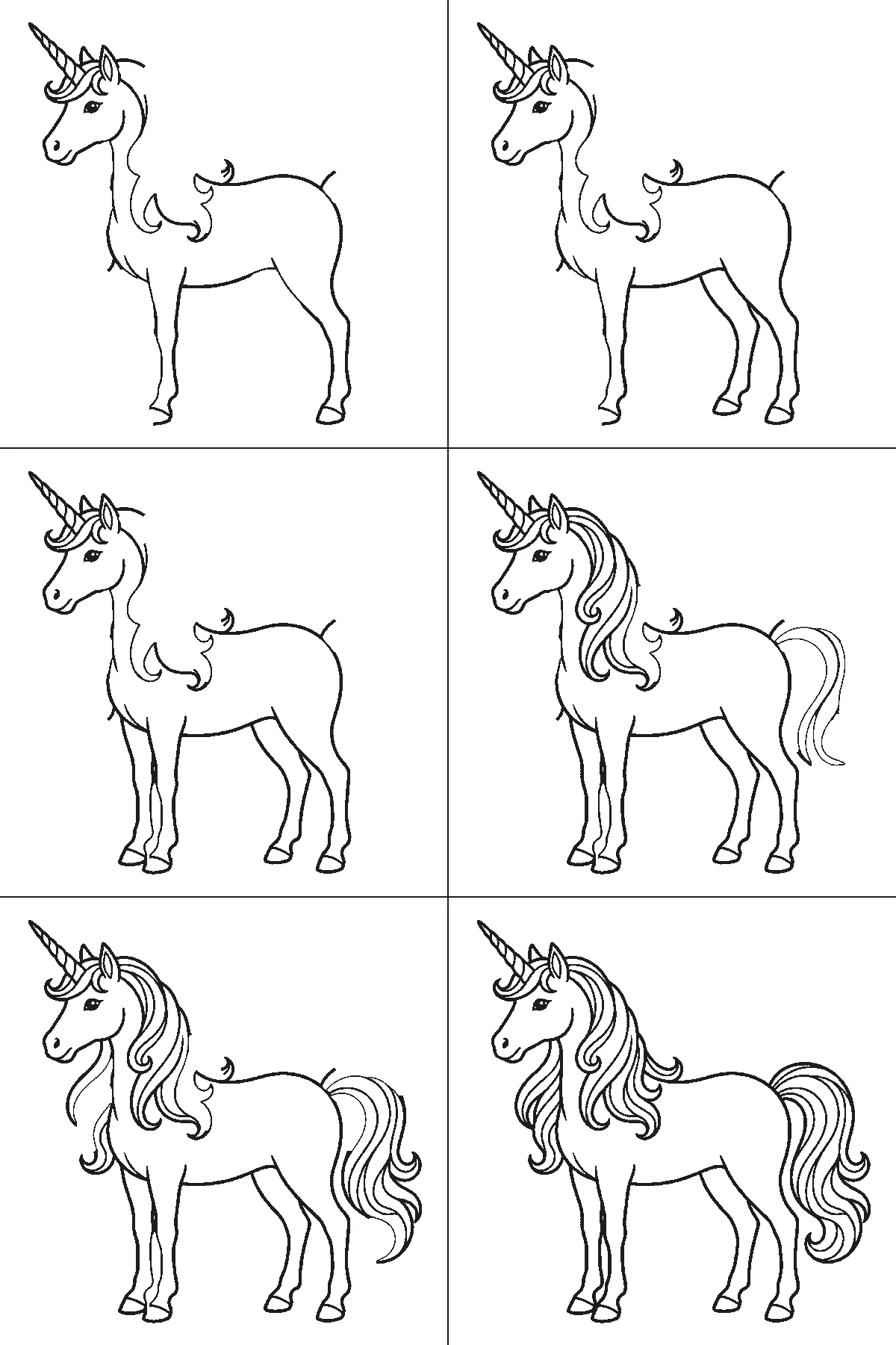 Step-by-step drawing sheet: a unicorn standing in profile, built up over six frames from the body, head and spiral horn together to the two far legs, and the flowing mane and tail last, black outlines on white