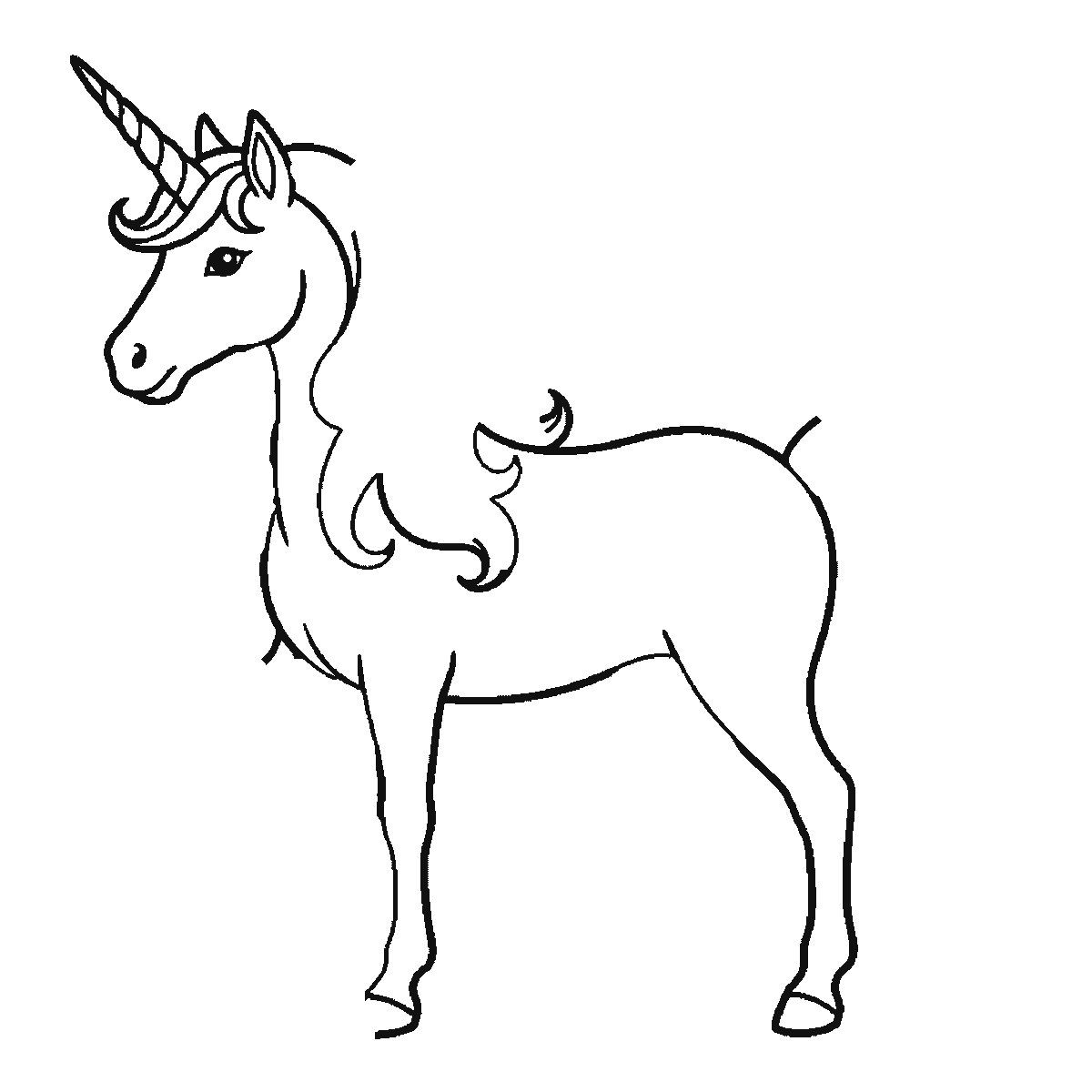 Step 1 of 6: Step-by-step drawing sheet: a unicorn standing in profile, built up over six frames from the body, head and spiral horn together to the two far legs, and the flowing mane and tail last, black outlines on white