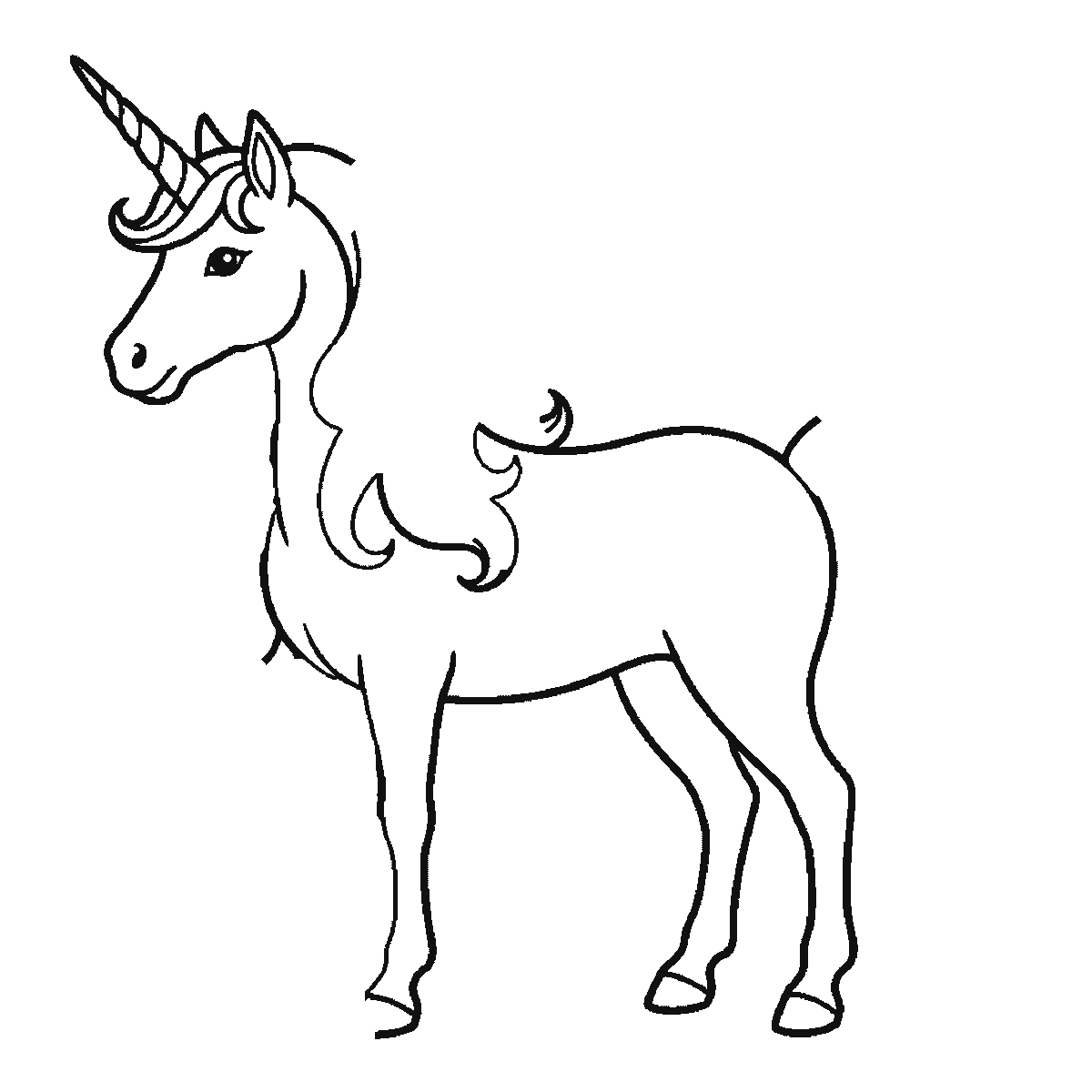Step 2 of 6: Step-by-step drawing sheet: a unicorn standing in profile, built up over six frames from the body, head and spiral horn together to the two far legs, and the flowing mane and tail last, black outlines on white