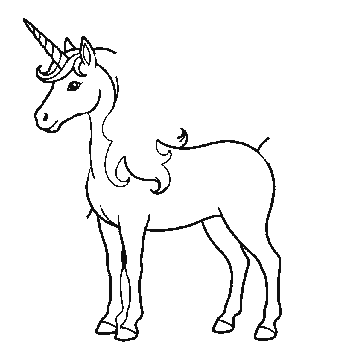 Step 3 of 6: Step-by-step drawing sheet: a unicorn standing in profile, built up over six frames from the body, head and spiral horn together to the two far legs, and the flowing mane and tail last, black outlines on white