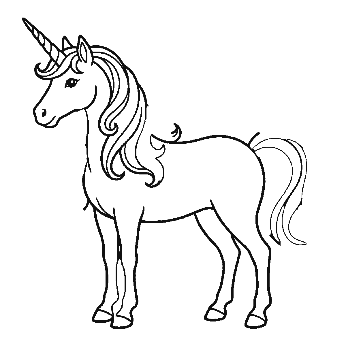 Step 4 of 6: Step-by-step drawing sheet: a unicorn standing in profile, built up over six frames from the body, head and spiral horn together to the two far legs, and the flowing mane and tail last, black outlines on white