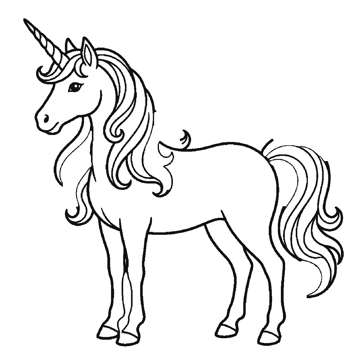 Step 5 of 6: Step-by-step drawing sheet: a unicorn standing in profile, built up over six frames from the body, head and spiral horn together to the two far legs, and the flowing mane and tail last, black outlines on white