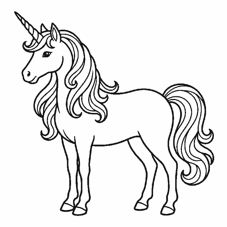 Step-by-step drawing sheet: a unicorn standing in profile, built up over six frames from the body, head and spiral horn together to the two far legs, and the flowing mane and tail last, black outlines on white