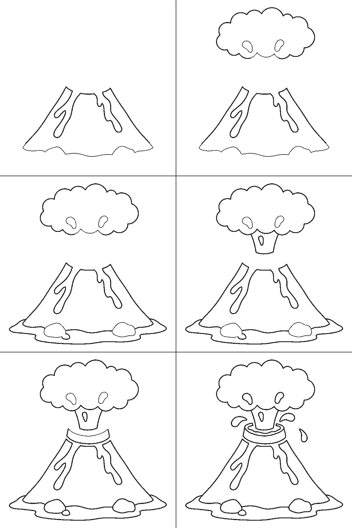 Step-by-step drawing sheet: an erupting volcano, built up over six frames from the whole cone with both lava streams already down its sides to the smoke cloud and the ground, then the crater mouth and rim, with the flying lava blobs last, black outlines on white