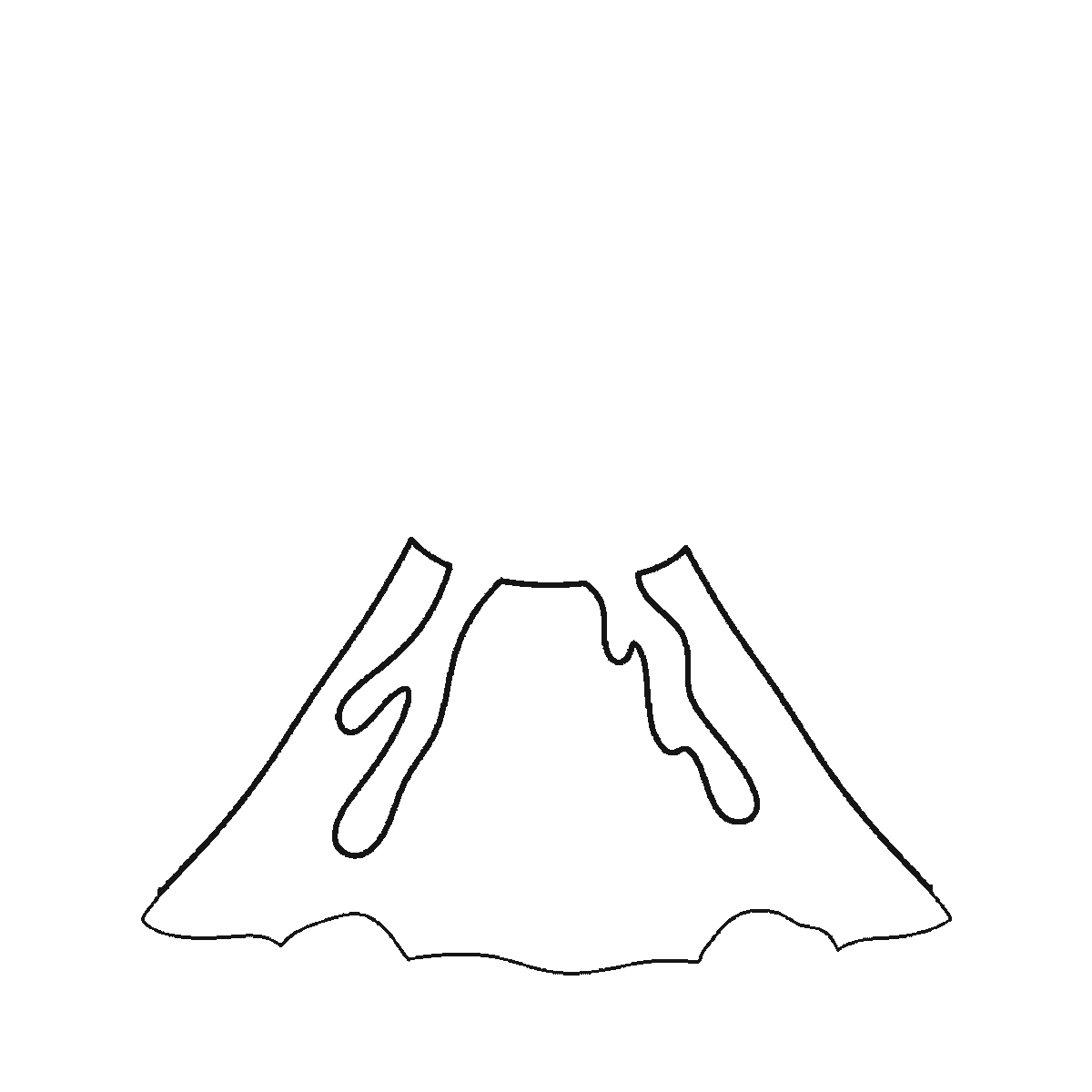 Step 1 of 6: Step-by-step drawing sheet: an erupting volcano, built up over six frames from the whole cone with both lava streams already down its sides to the smoke cloud and the ground, then the crater mouth and rim, with the flying lava blobs last, black outlines on white