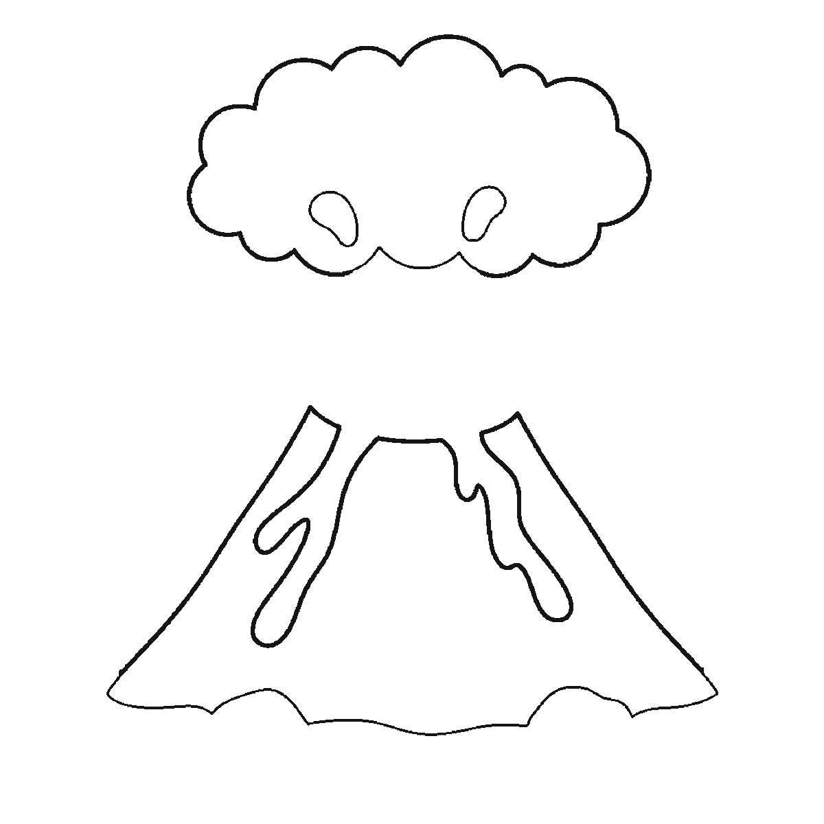 Step 2 of 6: Step-by-step drawing sheet: an erupting volcano, built up over six frames from the whole cone with both lava streams already down its sides to the smoke cloud and the ground, then the crater mouth and rim, with the flying lava blobs last, black outlines on white
