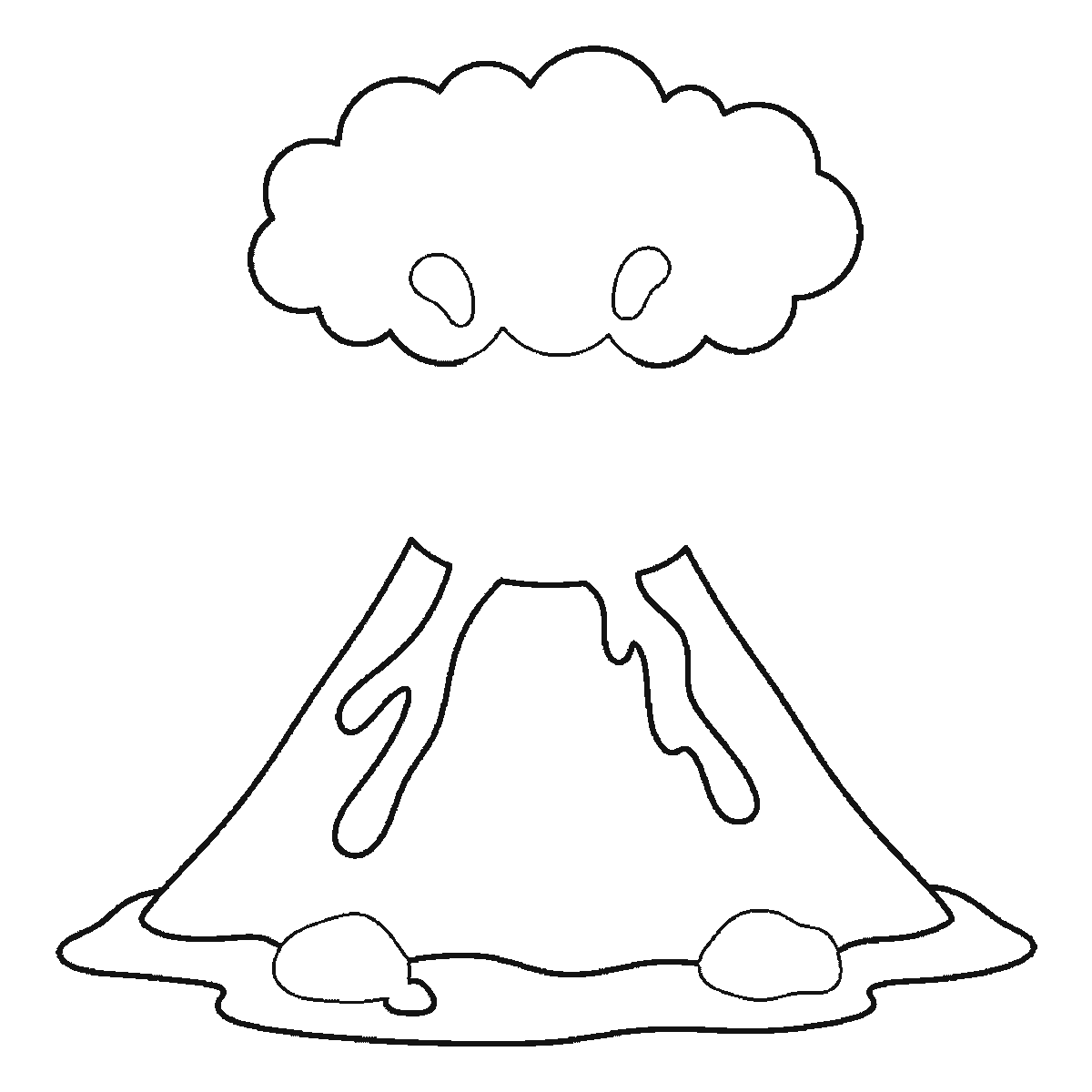Step 3 of 6: Step-by-step drawing sheet: an erupting volcano, built up over six frames from the whole cone with both lava streams already down its sides to the smoke cloud and the ground, then the crater mouth and rim, with the flying lava blobs last, black outlines on white