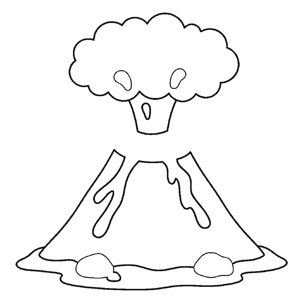 Step 4 of 6: Step-by-step drawing sheet: an erupting volcano, built up over six frames from the whole cone with both lava streams already down its sides to the smoke cloud and the ground, then the crater mouth and rim, with the flying lava blobs last, black outlines on white