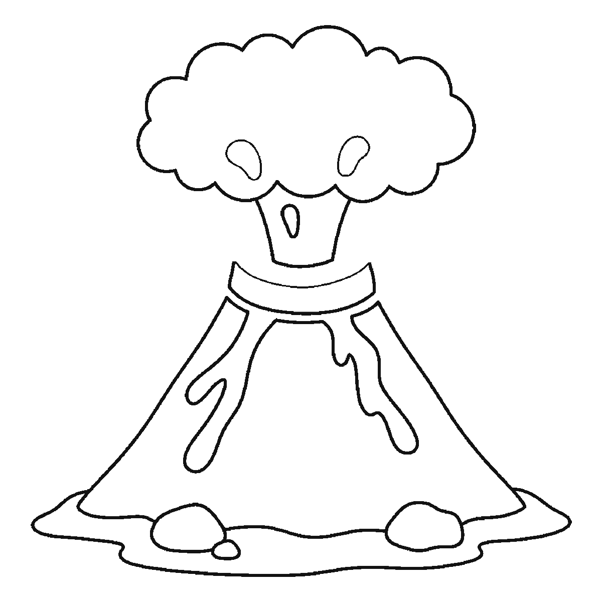 Step 5 of 6: Step-by-step drawing sheet: an erupting volcano, built up over six frames from the whole cone with both lava streams already down its sides to the smoke cloud and the ground, then the crater mouth and rim, with the flying lava blobs last, black outlines on white