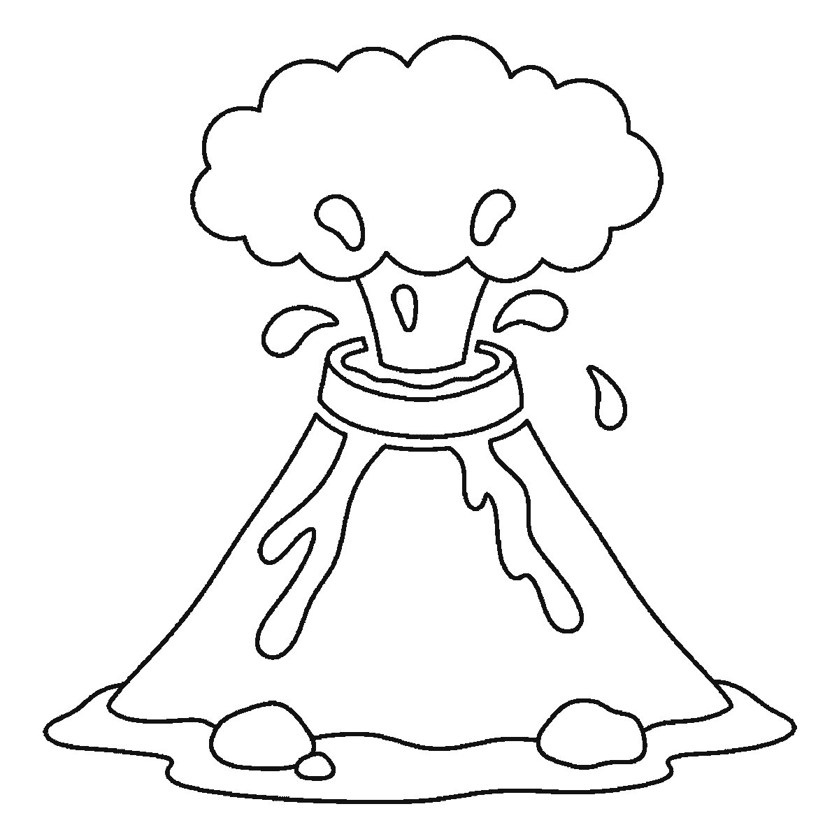 Step 6 of 6: Step-by-step drawing sheet: an erupting volcano, built up over six frames from the whole cone with both lava streams already down its sides to the smoke cloud and the ground, then the crater mouth and rim, with the flying lava blobs last, black outlines on white