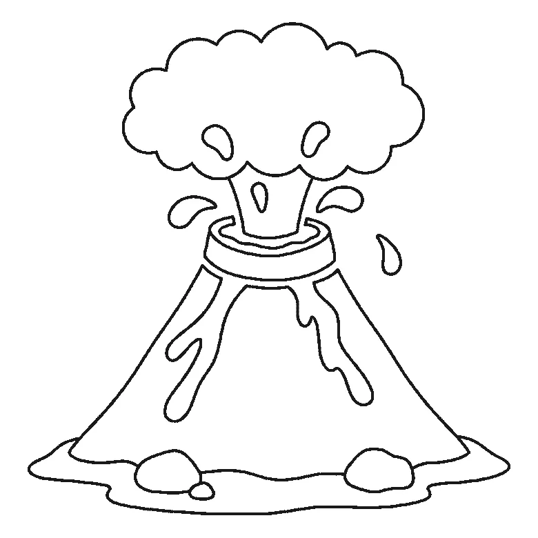 Step-by-step drawing sheet: an erupting volcano, built up over six frames from the whole cone with both lava streams already down its sides to the smoke cloud and the ground, then the crater mouth and rim, with the flying lava blobs last, black outlines on white