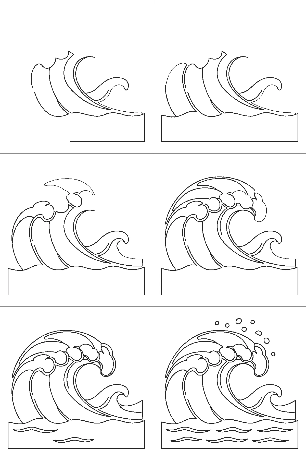 Step-by-step drawing sheet: a large ocean wave curling over, built up over six frames from the curved panels inside the curl to the foam caps and the smaller wave, then the crest’s outer arc, with all the spray droplets last, black outlines on white