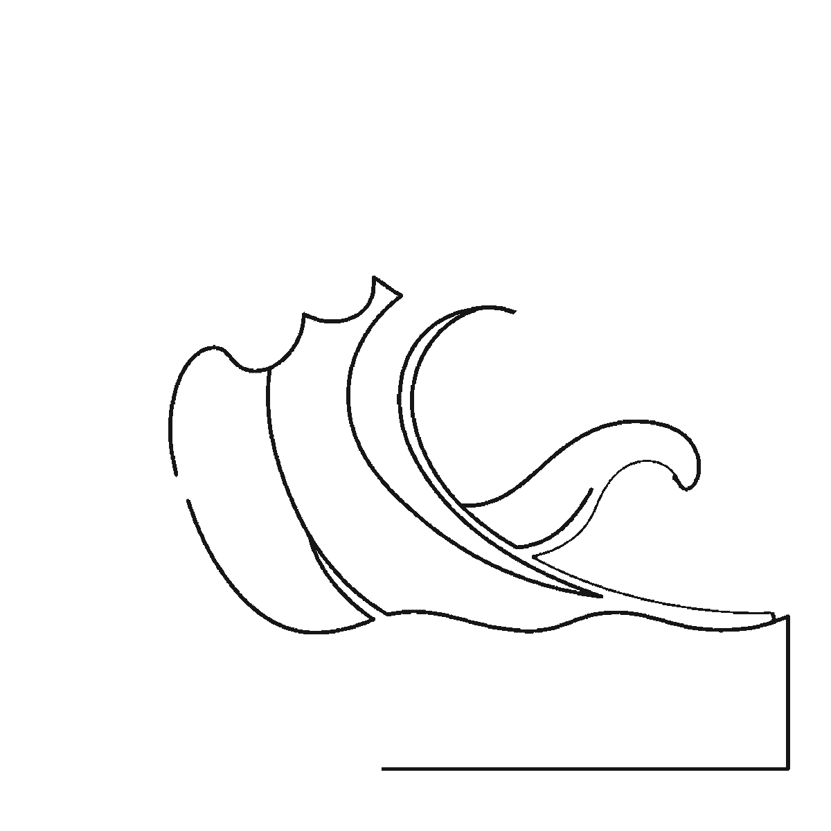 Step 1 of 6: Step-by-step drawing sheet: a large ocean wave curling over, built up over six frames from the curved panels inside the curl to the foam caps and the smaller wave, then the crest’s outer arc, with all the spray droplets last, black outlines on white