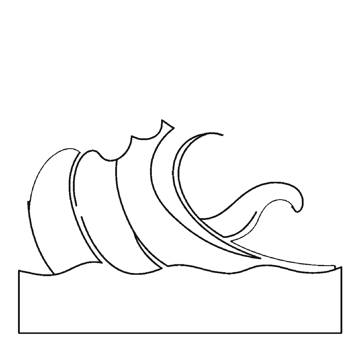 Step 2 of 6: Step-by-step drawing sheet: a large ocean wave curling over, built up over six frames from the curved panels inside the curl to the foam caps and the smaller wave, then the crest’s outer arc, with all the spray droplets last, black outlines on white