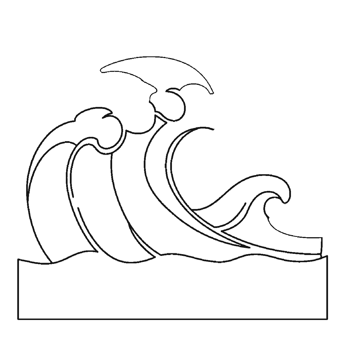 Step 3 of 6: Step-by-step drawing sheet: a large ocean wave curling over, built up over six frames from the curved panels inside the curl to the foam caps and the smaller wave, then the crest’s outer arc, with all the spray droplets last, black outlines on white