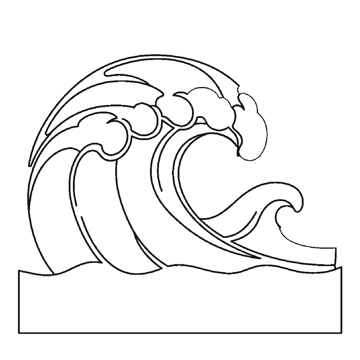 Step 4 of 6: Step-by-step drawing sheet: a large ocean wave curling over, built up over six frames from the curved panels inside the curl to the foam caps and the smaller wave, then the crest’s outer arc, with all the spray droplets last, black outlines on white