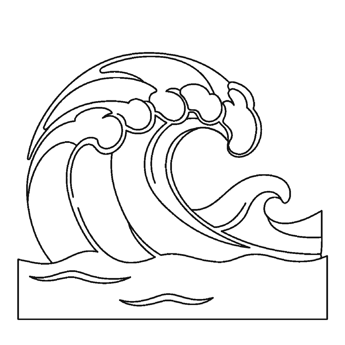 Step 5 of 6: Step-by-step drawing sheet: a large ocean wave curling over, built up over six frames from the curved panels inside the curl to the foam caps and the smaller wave, then the crest’s outer arc, with all the spray droplets last, black outlines on white