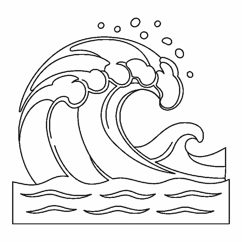 Step-by-step drawing sheet: a large ocean wave curling over, built up over six frames from the curved panels inside the curl to the foam caps and the smaller wave, then the crest’s outer arc, with all the spray droplets last, black outlines on white