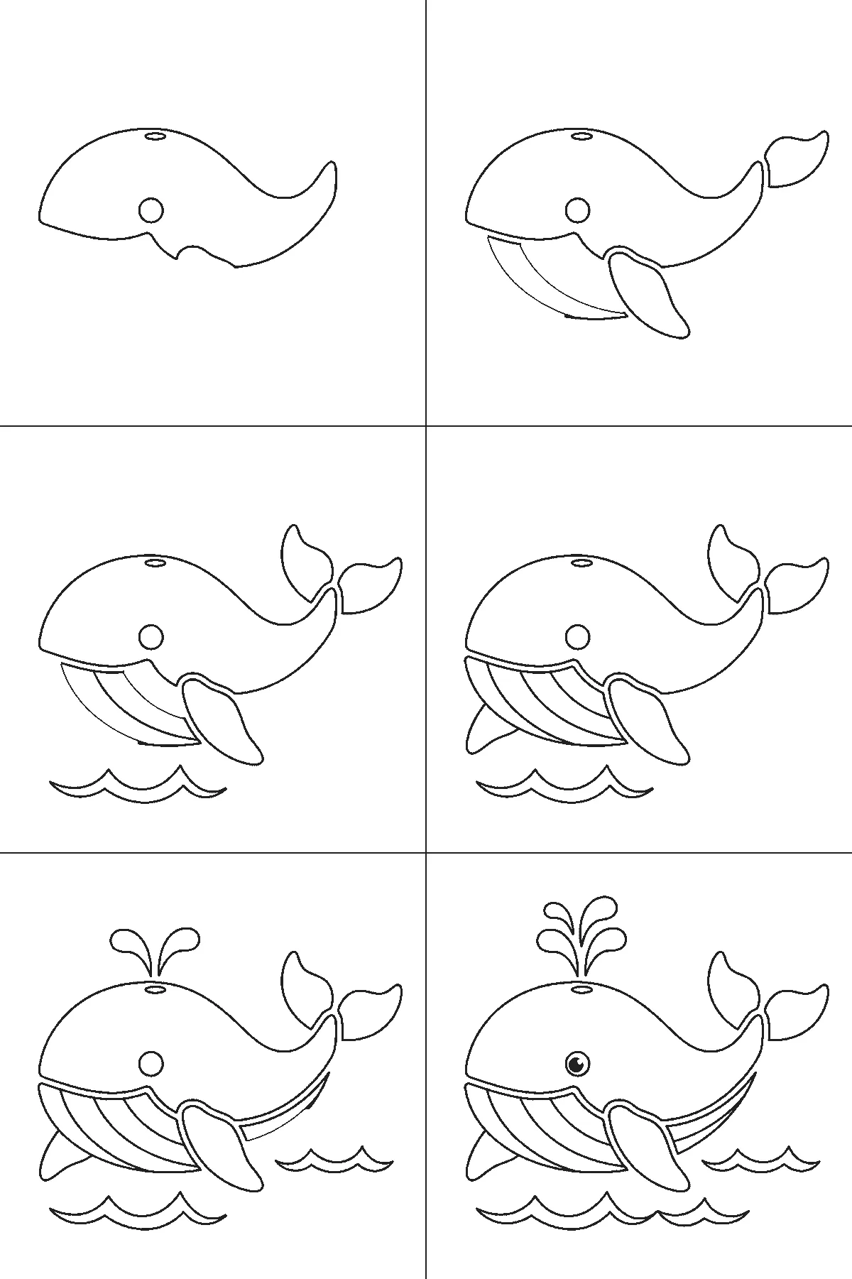 Step-by-step drawing sheet: a whale above the waves, built up over six frames from the body outline with the eye left blank to the tail fluke and the big flipper, then a wave at a time, with the spout and the filled pupil last, black outlines on white