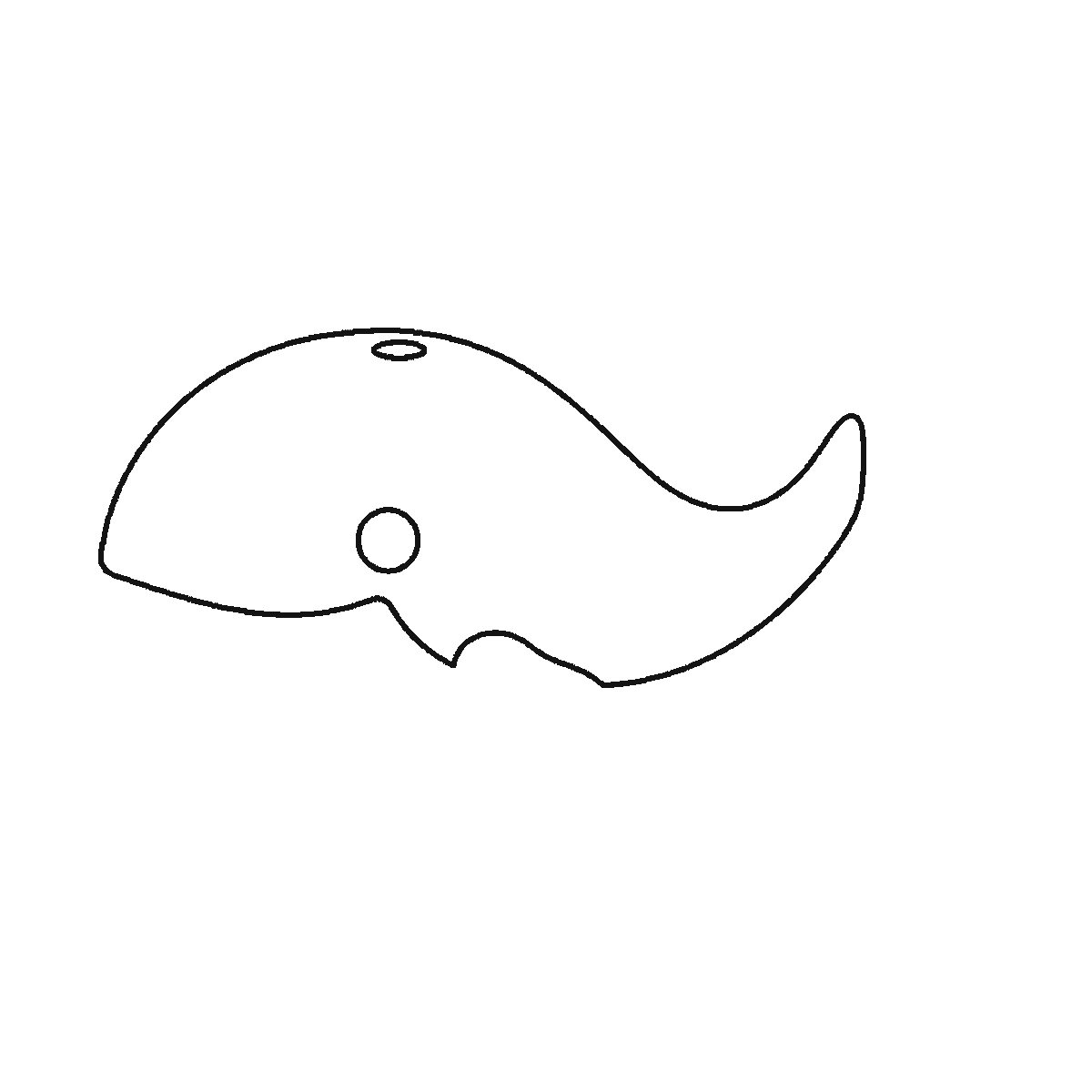 Step 1 of 6: Step-by-step drawing sheet: a whale above the waves, built up over six frames from the body outline with the eye left blank to the tail fluke and the big flipper, then a wave at a time, with the spout and the filled pupil last, black outlines on white