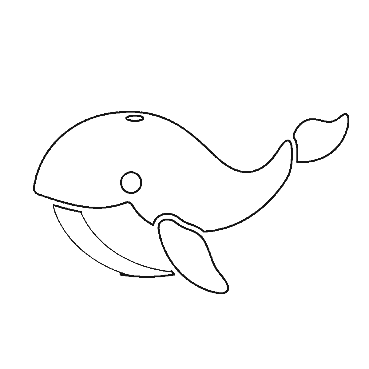 Step 2 of 6: Step-by-step drawing sheet: a whale above the waves, built up over six frames from the body outline with the eye left blank to the tail fluke and the big flipper, then a wave at a time, with the spout and the filled pupil last, black outlines on white