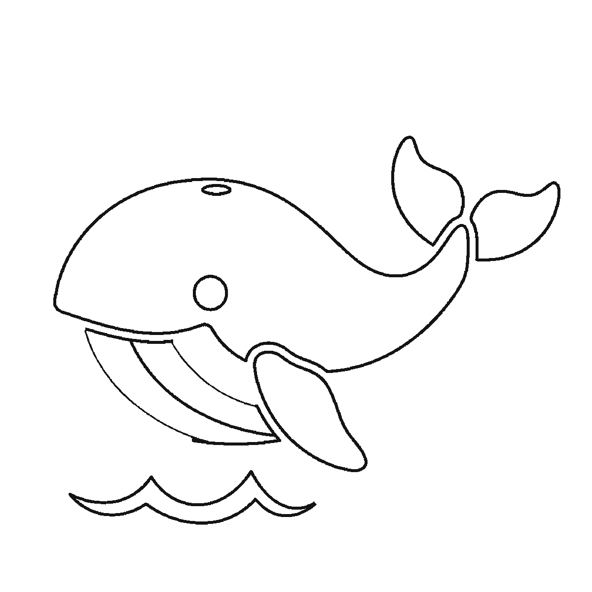 Step 3 of 6: Step-by-step drawing sheet: a whale above the waves, built up over six frames from the body outline with the eye left blank to the tail fluke and the big flipper, then a wave at a time, with the spout and the filled pupil last, black outlines on white