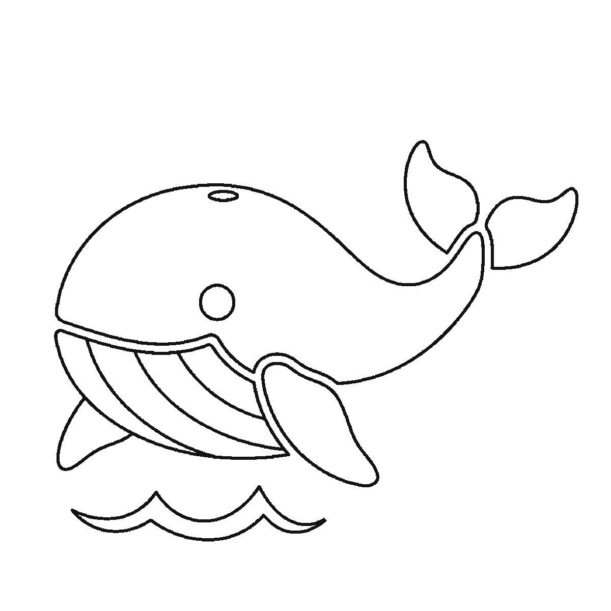 Step 4 of 6: Step-by-step drawing sheet: a whale above the waves, built up over six frames from the body outline with the eye left blank to the tail fluke and the big flipper, then a wave at a time, with the spout and the filled pupil last, black outlines on white