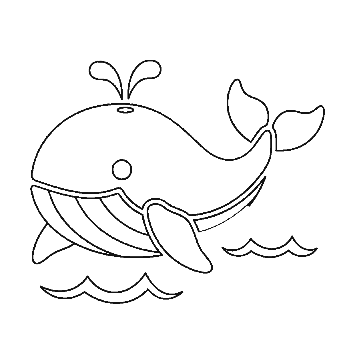 Step 5 of 6: Step-by-step drawing sheet: a whale above the waves, built up over six frames from the body outline with the eye left blank to the tail fluke and the big flipper, then a wave at a time, with the spout and the filled pupil last, black outlines on white