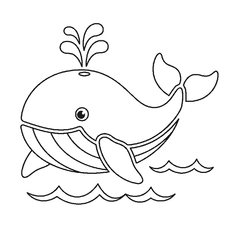 Step-by-step drawing sheet: a whale above the waves, built up over six frames from the body outline with the eye left blank to the tail fluke and the big flipper, then a wave at a time, with the spout and the filled pupil last, black outlines on white