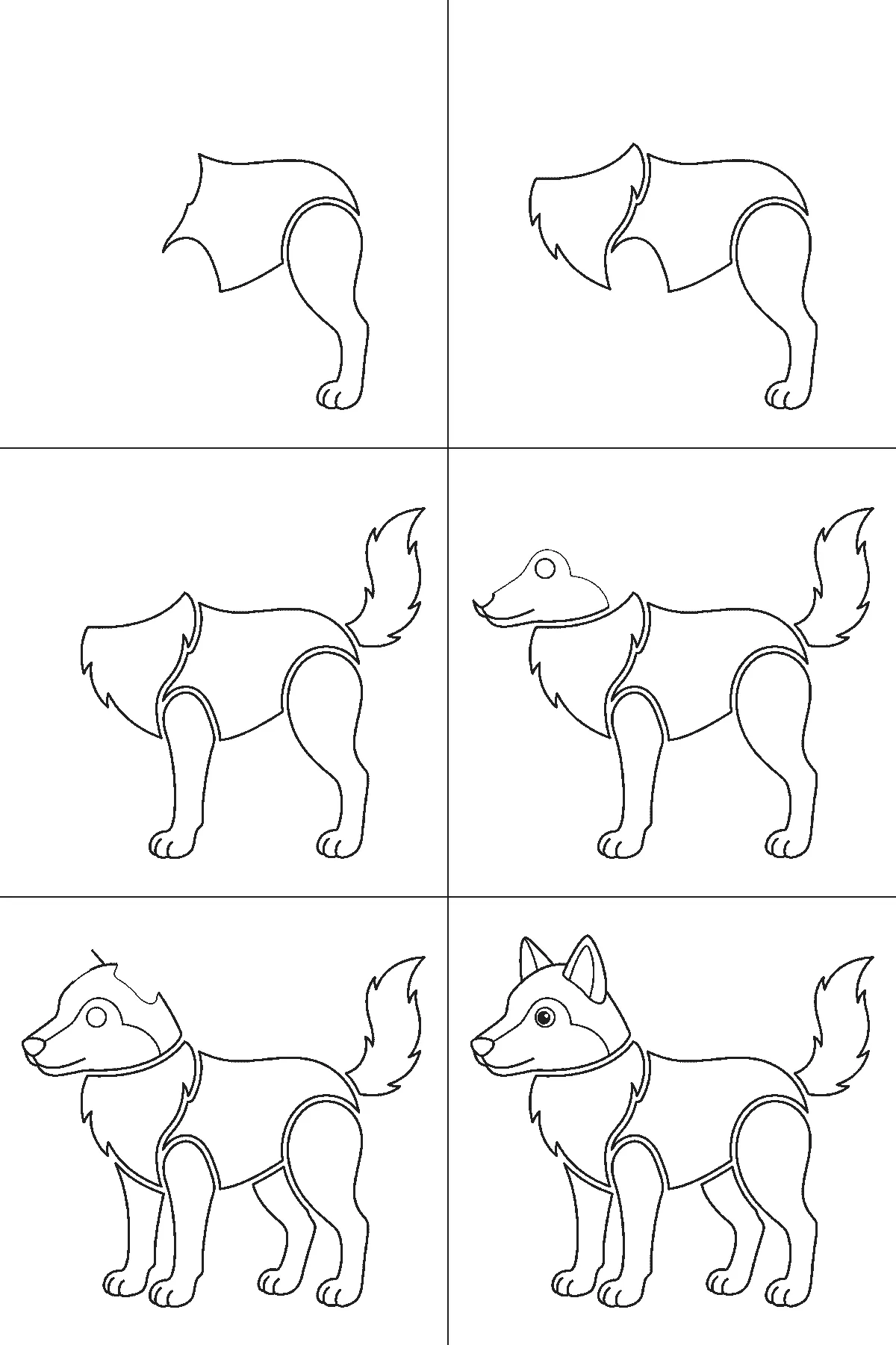 Step-by-step drawing sheet: a wolf standing in profile, built up over six frames from the chest ruff and a hind leg to the body, head and bushy tail, black outlines on white